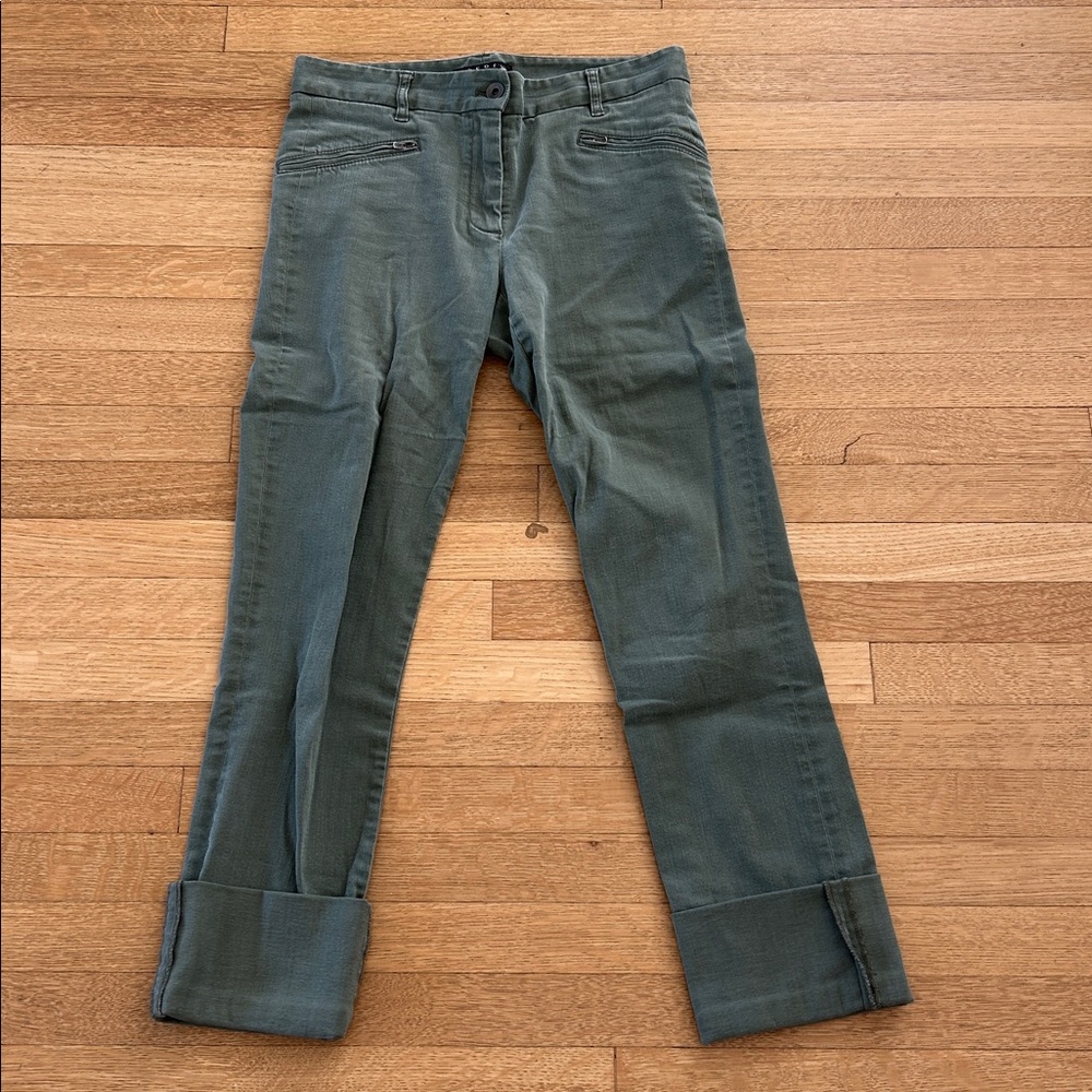 THEORY olive green Kettly D/Legion pants sz 4 zipper pockets 55% cotton